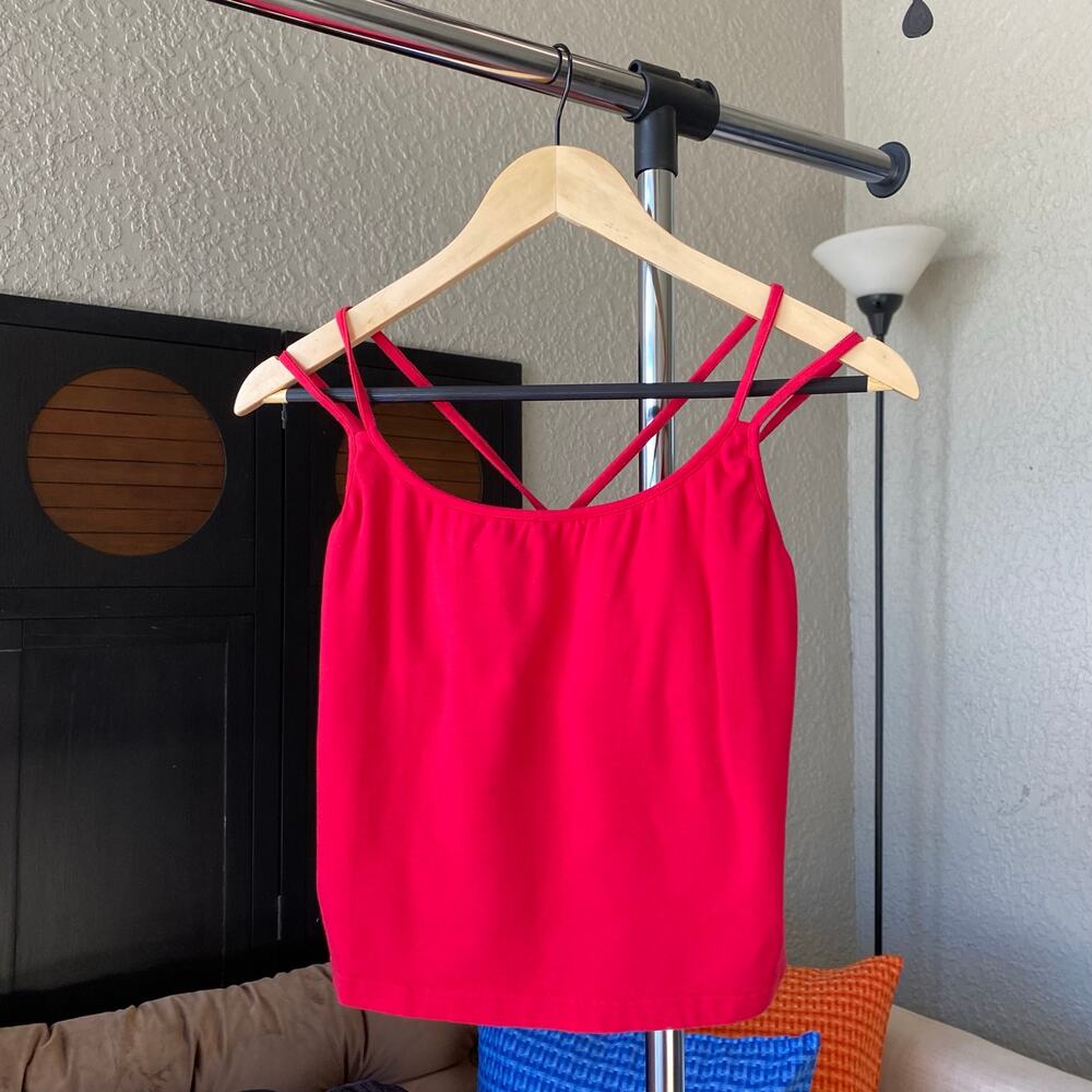 VTG Moda International Strappy Tank Top Red Large Criss Cross Straps Shelf Bra